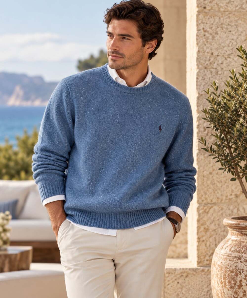 POLO RALPH LAUREN Crewneck Sweater Dusty Blue Speckled Wool Sz XL $148 {YY51}